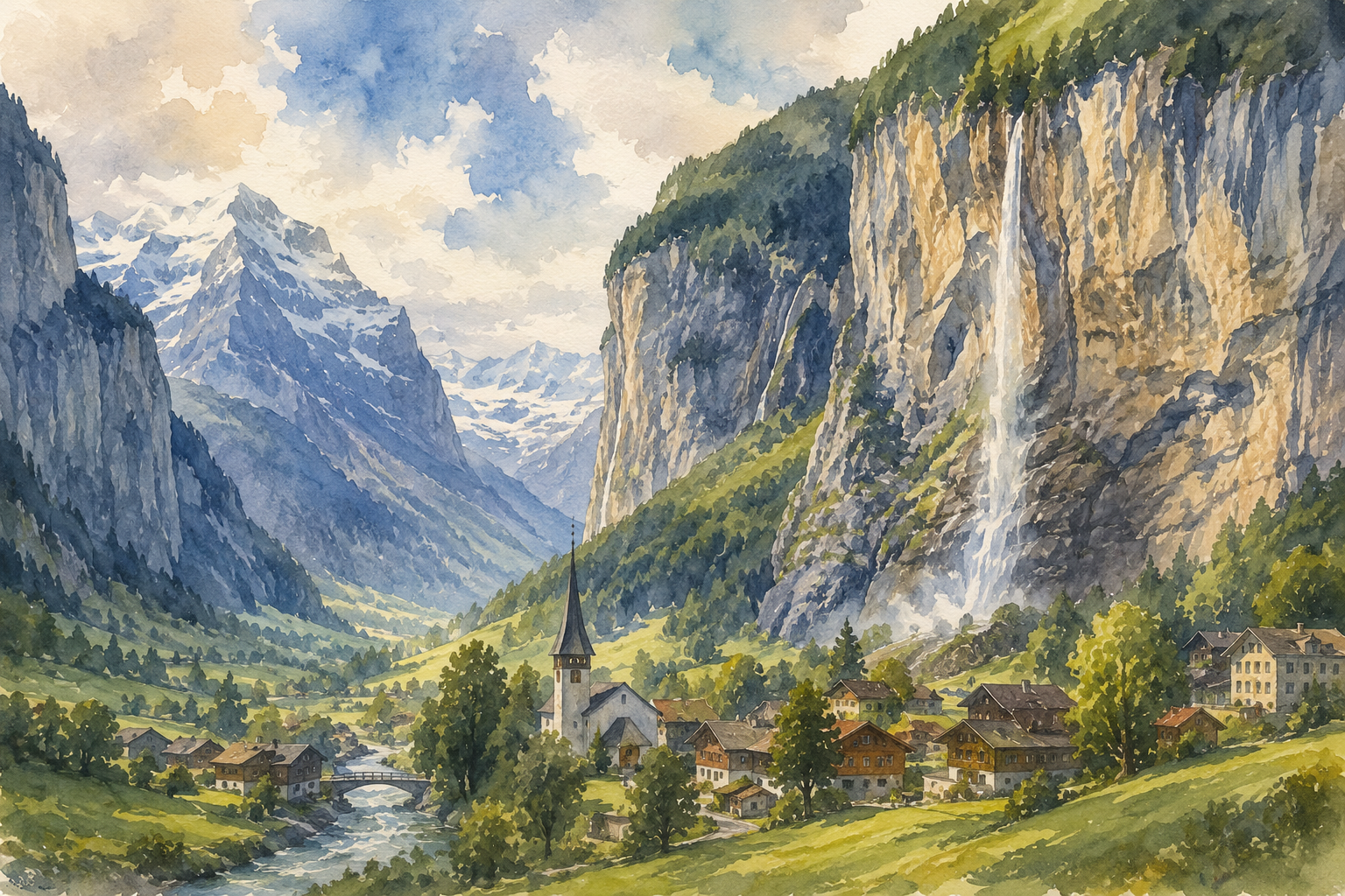 lauterbrunnen-elopement-guide-watercolor-ivy-lane Lauterbrunnen Valley Watercolour Illustration | Switzerland Elopement Guide